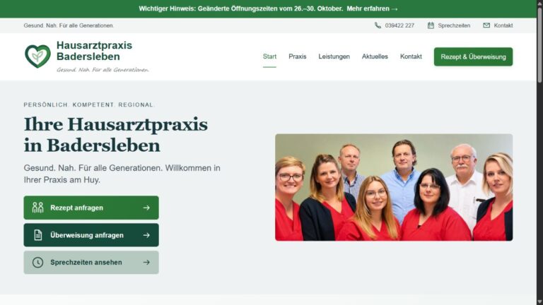 Desktopansicht der Baderslebener Startseite mit Praxisteam und Links zu Rezept- und Überweisungsanfragen.
