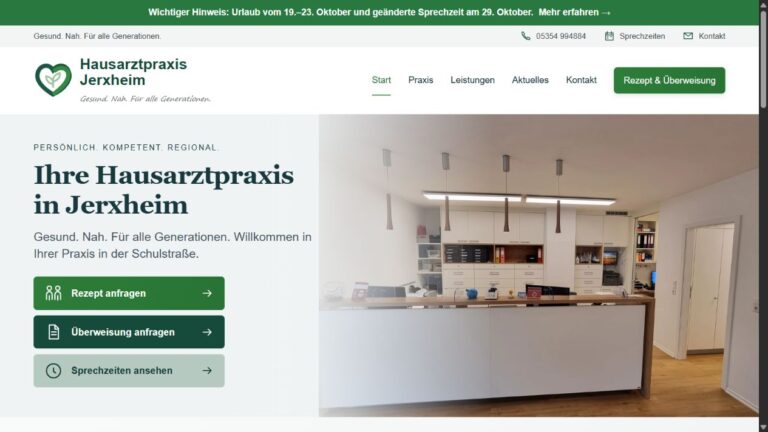 Desktopansicht der Jerxheimer Startseite mit Praxisanmeldung und Links zu Rezept- und Überweisungsanfragen.