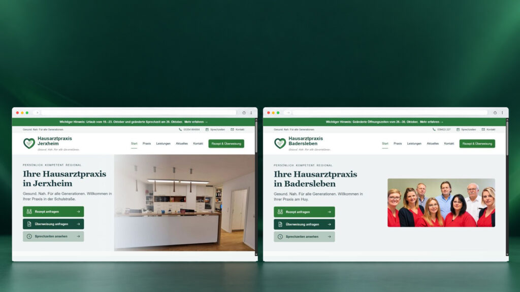 Titelbild mit den Desktopansichten der Hausarztpraxis Jerxheim und der Hausarztpraxis Badersleben nebeneinander.